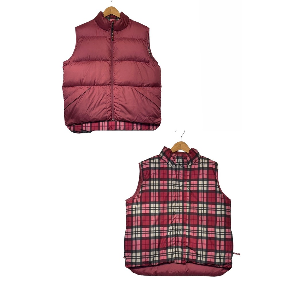 LL Bean Reversible Goose Down Puffer Vest Large Burgundy Mauve Plaid 0VC72